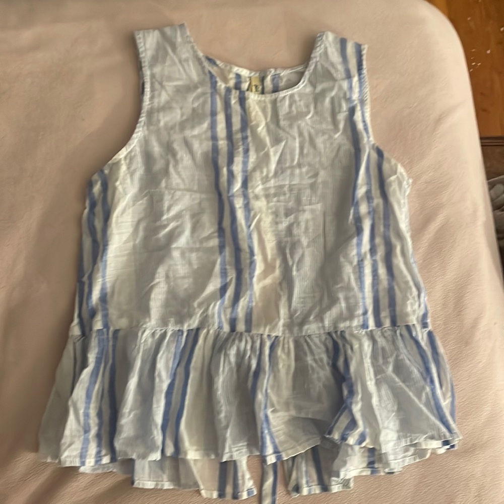 High neck blue and white linen tank top